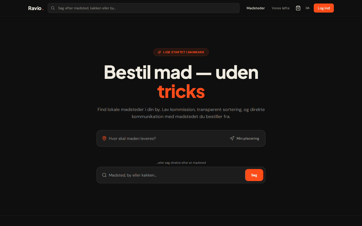 Forsiden på ravio.dk med Bestil mad uden tricks-overskrift og søgefelt
