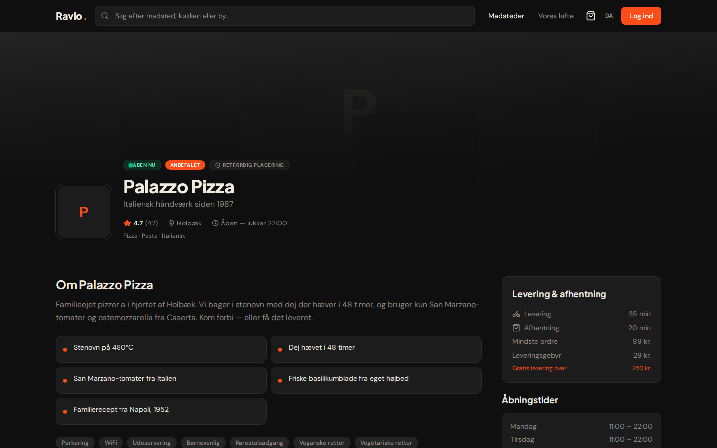 Restaurant-siden Palazzo Pizza med beskrivelse, leveringstider og åbningstider