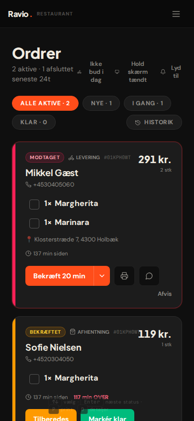 Restaurant ordre-oversigt på mobil, 390 px bred